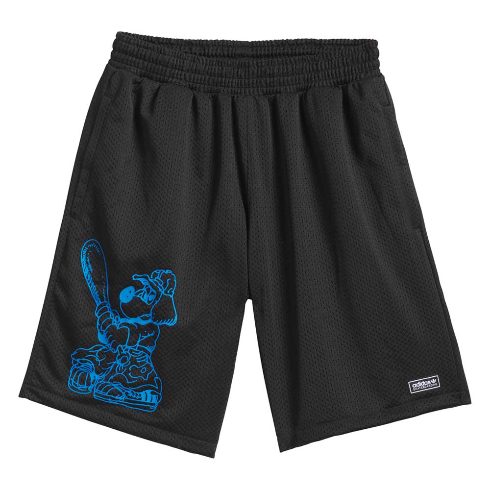 The KC6308 Kogan Shorts Blue Black by Adidas Skateboarding feature a blue outlined cartoon character with a tennis racket on the left leg and an adidas Originals patch on the right hem, delivering effortless skate style.