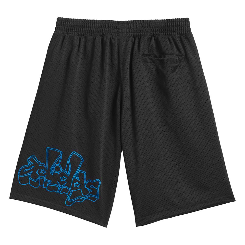 KC6308 Kogan Shorts by Adidas Skateboarding feature black mesh fabric, an elastic waistband, a back pocket, and a blue graffiti graphic—perfect skate style for adidas Originals fans.