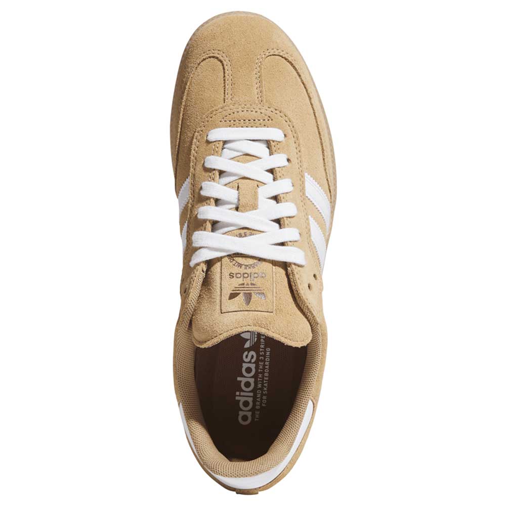 Top view of KI5089 Tan White Samba ADV Adidas Skateboarding Suede Shoes, featuring white laces, three stripes, and adidas logos on the tongue and insole for classic skate style.