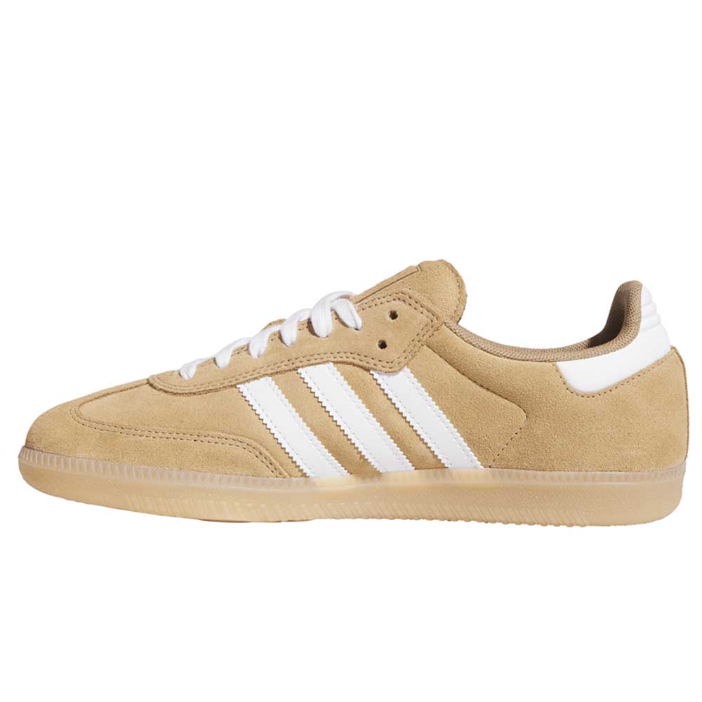 The KI5089 Tan White Samba ADV Adidas Skateboarding Suede Shoes feature a gum sole, white laces, and three white stripes, shown in a side profile against a white background—ideal for skateboarding.