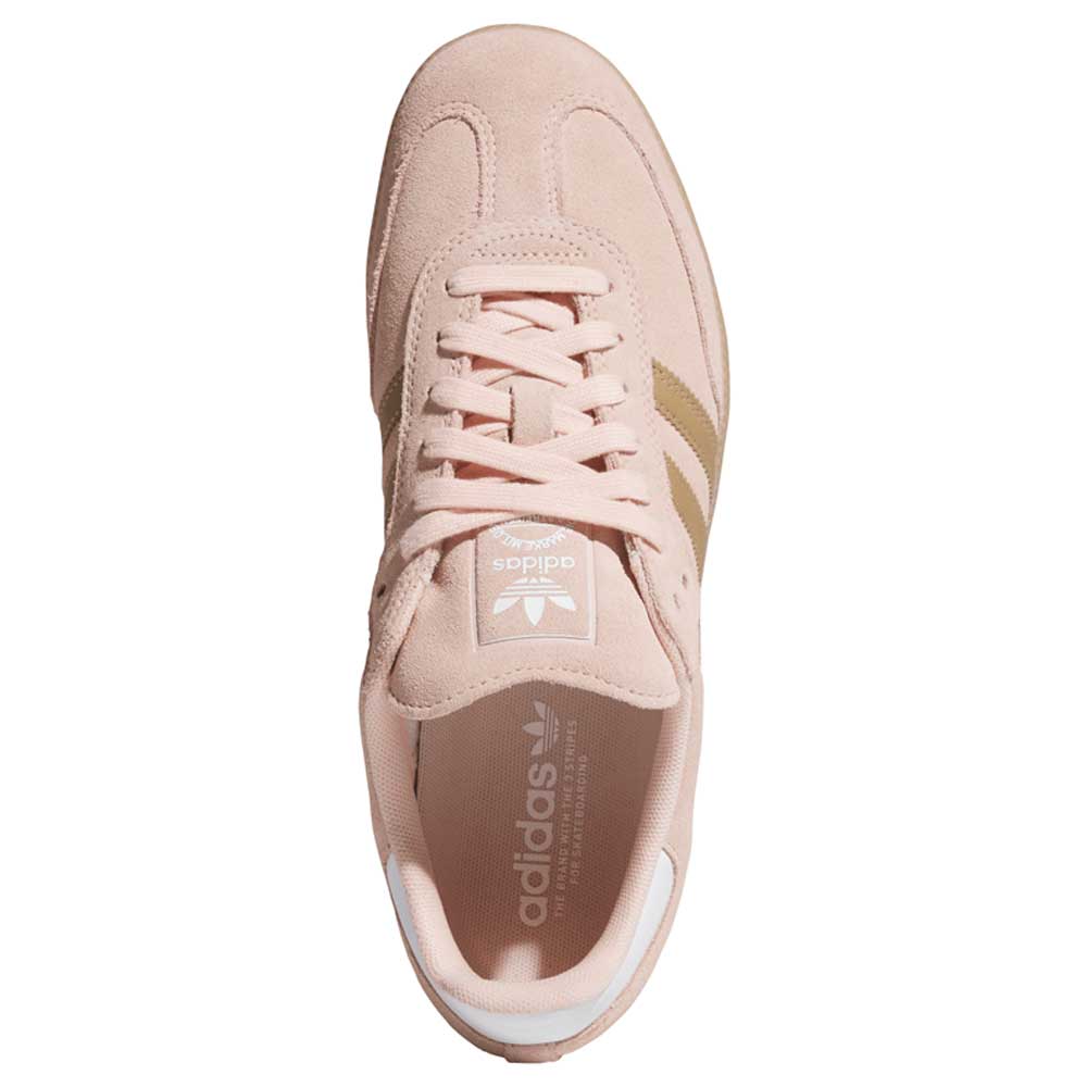 Top view of the KI5090 Pink Gum Samba ADV Adidas Skateboarding Suede Shoe in light pink with beige stripes, white sole, and adidas branding—blending iconic style with skate performance.