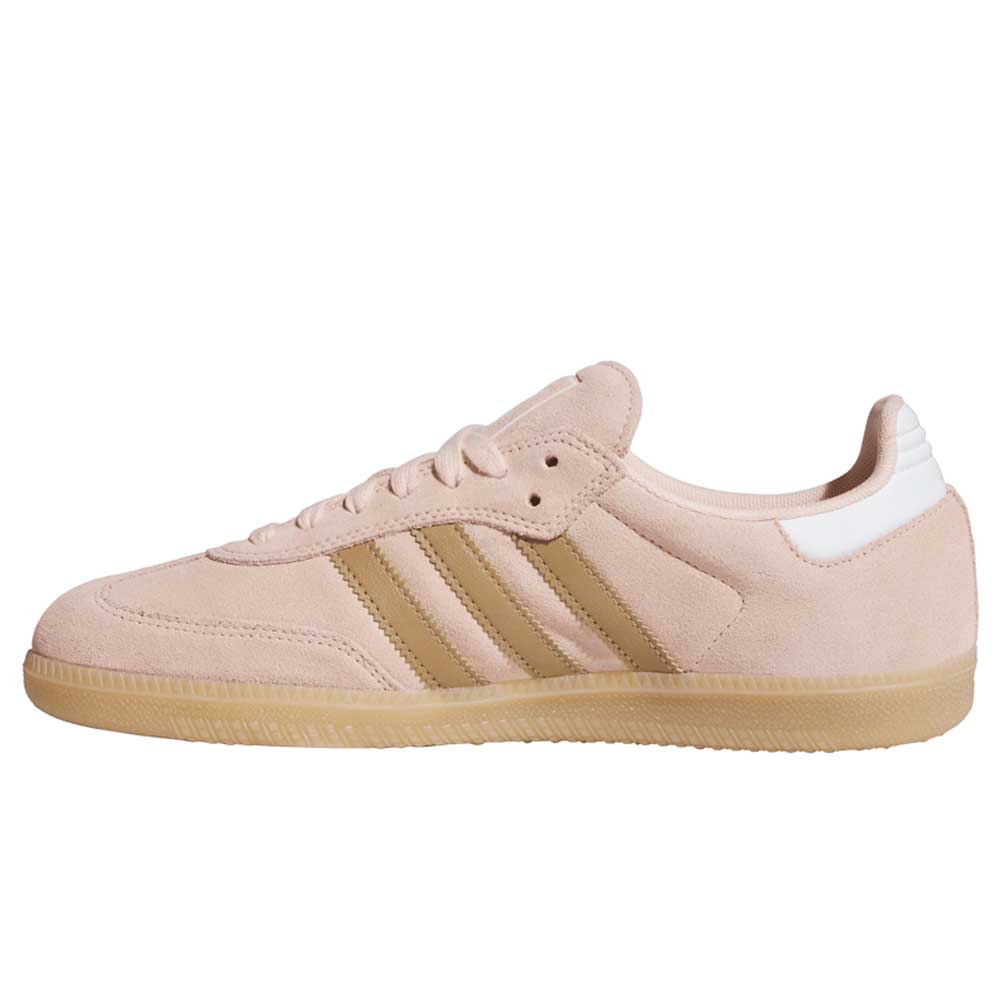The KI5090 Pink Gum Samba ADV Adidas Skateboarding Suede Shoes feature light pink suede, tan stripes, a tan gum sole, and a white heel tab, showcased in left side profile against a white background.
