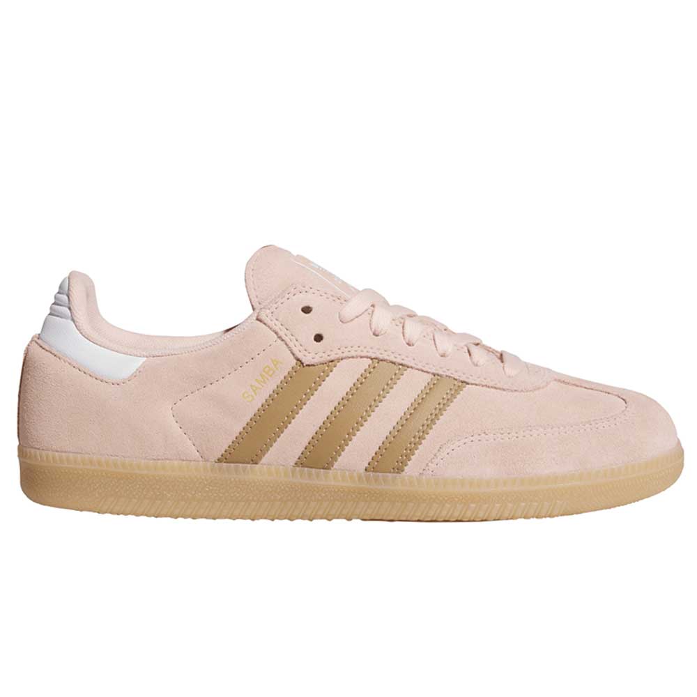 The KI5090 Pink Gum Samba ADV Adidas Skateboarding Suede Shoe features a light pink upper, beige stripes, white heel tab, and a gum sole, displayed in side profile on a plain white background.