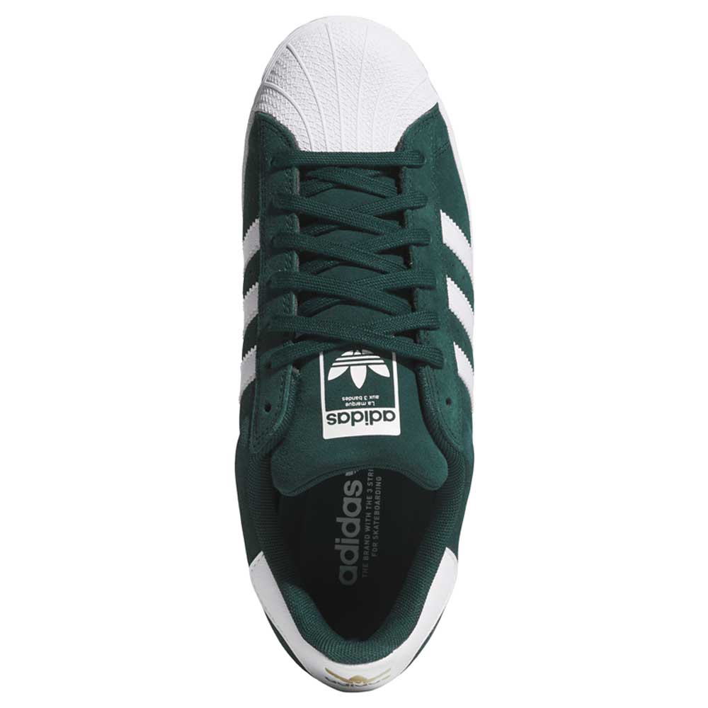 Top view of the KI5732 Green White Superstar ADV Adidas Skateboarding Suede Shoes, featuring white stripes, shell toe, white sole, and visible Adidas logo—classic style crafted for skateboarding performance.
