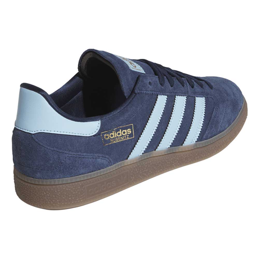 The KJ5478 Blue Gum Busenitz Vintage Adidas Skateboarding Suede Shoes feature navy suede, light blue stripes and heel tab, gold Busenitz branding, and a gum sole—perfect for stylish skate park performance.