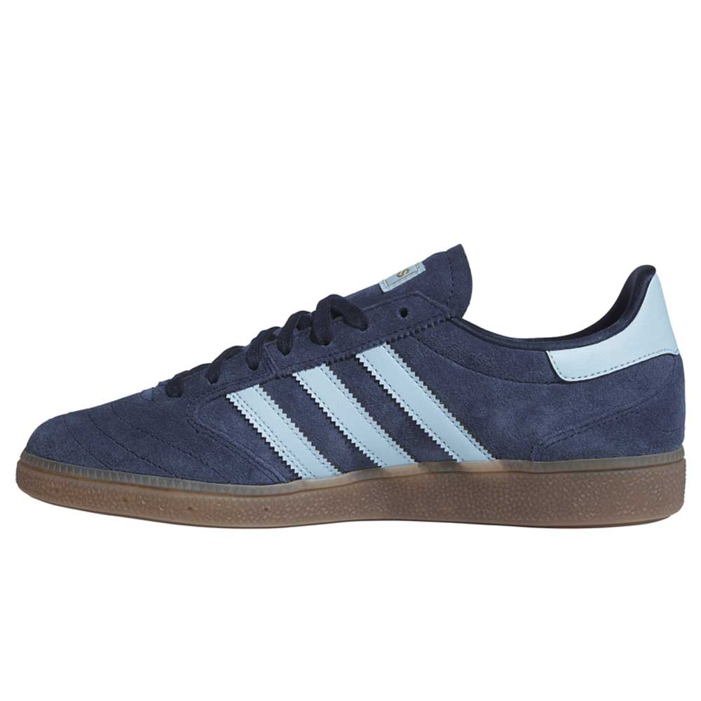 The KJ5478 Blue Gum Busenitz Vintage Adidas Skateboarding Suede Shoes feature navy blue suede, three light blue stripes, a matching heel tab, and a brown rubber sole—ideal for style and comfort at the skate park.