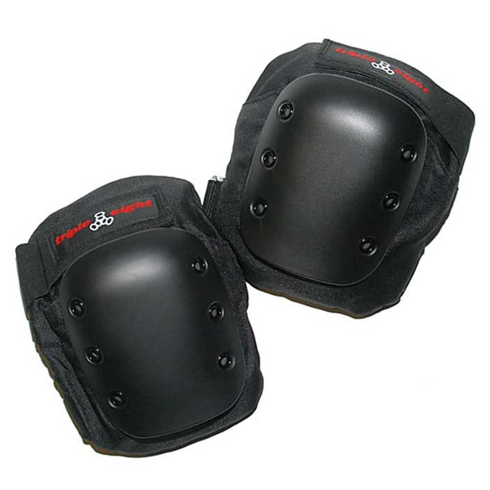 The KP Pro Capped Knee Pads Black by Triple Eight feature impact-resistant caps, contoured EVA memory foam, and adjustable straps, offering protection and comfort for activities such as skating or biking.
