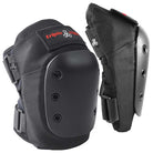 The KP Pro Capped Knee Pads Black by Triple Eight feature contoured EVA memory foam, hard impact-resistant caps, adjustable straps, and the Triple Eight logo, shown from front and side views.