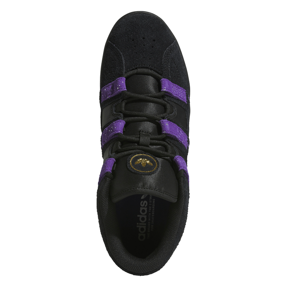 Top-down view of Kader Black Purple KI0408 Adidas Skateboarding Suede Leather shoes with black laces and a gold logo on the tongue.