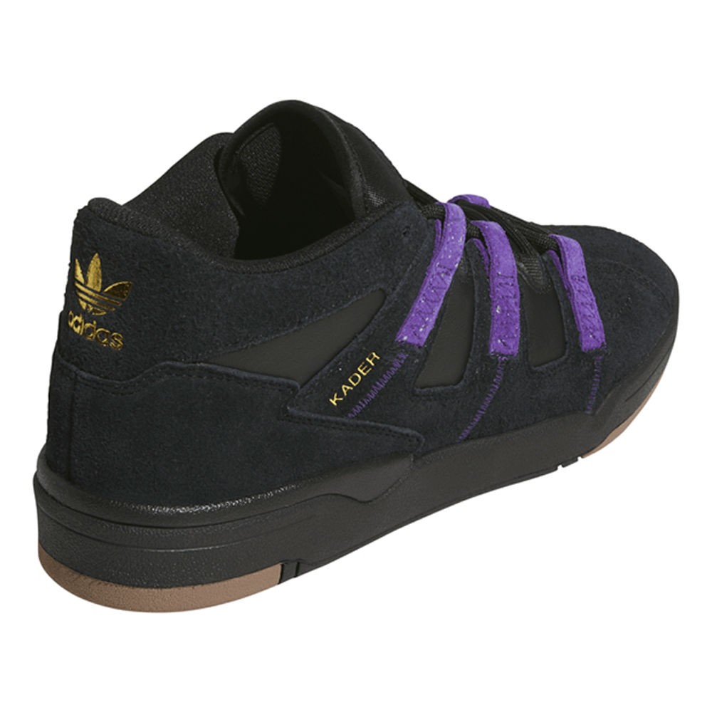 Kader Black Purple KI0408 Adidas Skateboarding suede leather shoes in black with purple accents, gold branding on the heel and side, and a dark rubber sole.