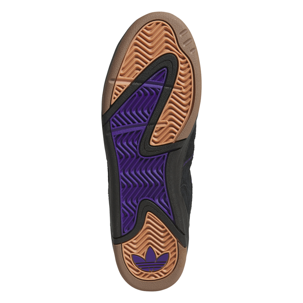 Underside of a Kader Black Purple KI0408 Adidas Skateboarding Suede Leather Shoe featuring a gum-colored rubber outsole with a wavy tread pattern, a purple inset, and a purple trefoil logo at the heel.