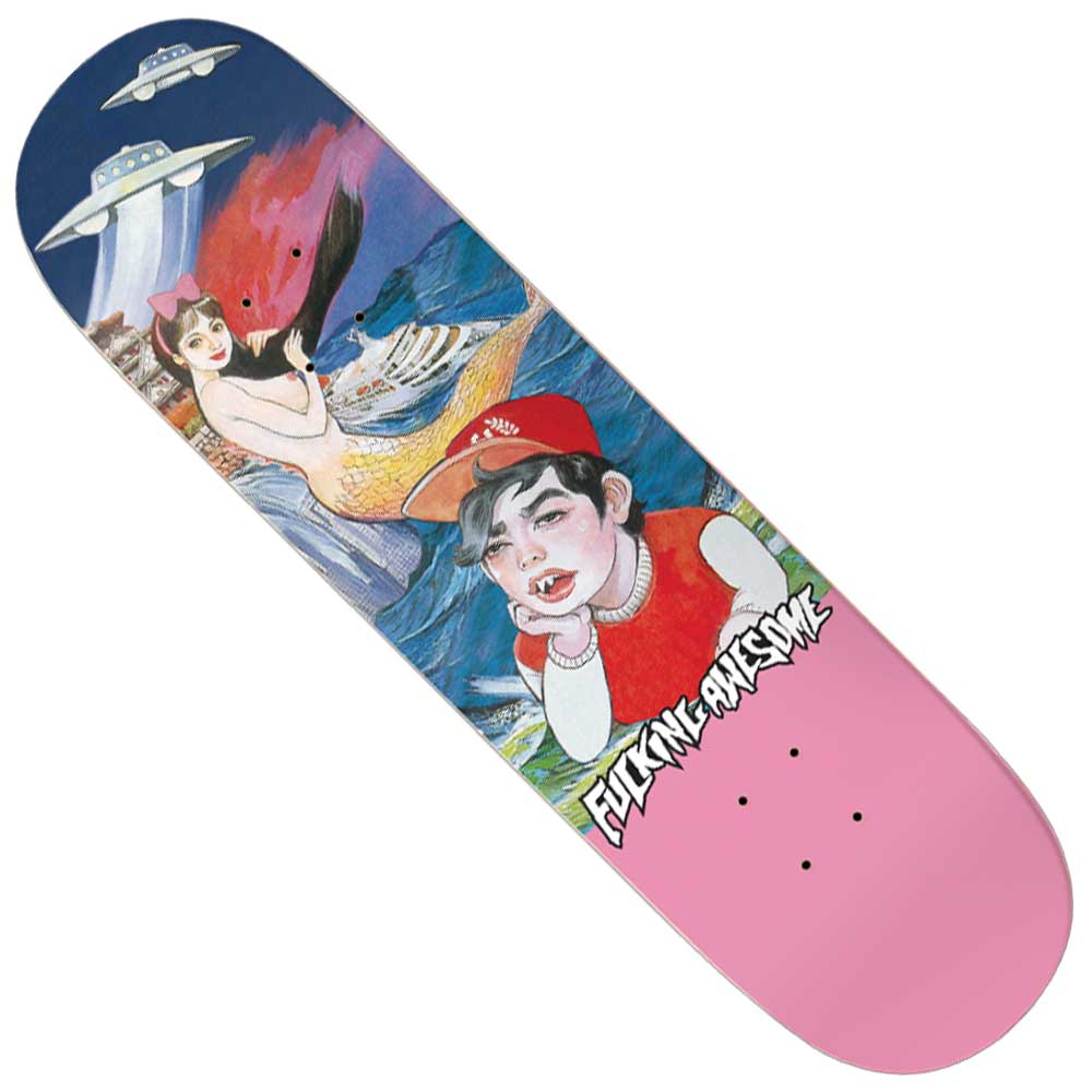 The Kamakura Aidan Mackey 8.25x31.79 FA Deck features a painted scene with UFOs, a mermaid with a cat, a ship, and a boy in a red cap with fangs, plus "Fucking Awesome" text over a pink background.