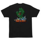 The Kendall Grid Hand Black S/S Heavyweight T-Shirt for men by Santa Cruz features a green monster hand above colorful debris, with bold orange Santa Cruz text printed below the design.