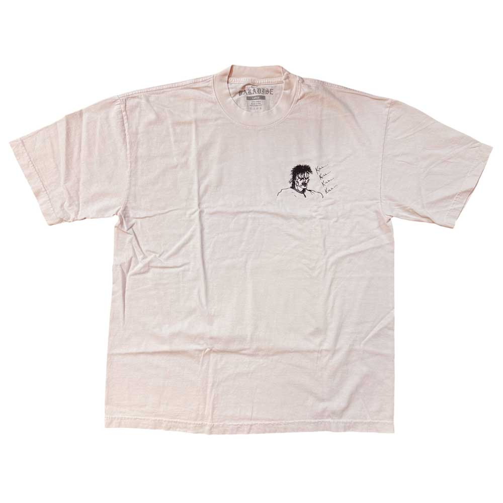 The Kill Kill Kill Light Pink Tee Paradise is a soft USA cotton, pre-shrunk shirt featuring a small black line drawing of a person making a hand gesture on the left chest, laid flat on a white background.