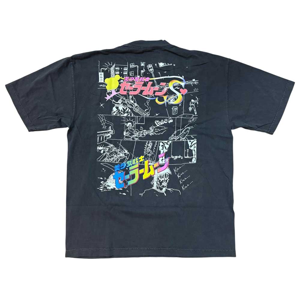 The Kill Kill Kill Vintage Black Tee Paradise features a USA cotton build, vibrant Japanese text, abstract white manga-style art with panels and characters on the back, neon accents, and is pre-shrunk for lasting comfort and a perfect fit.