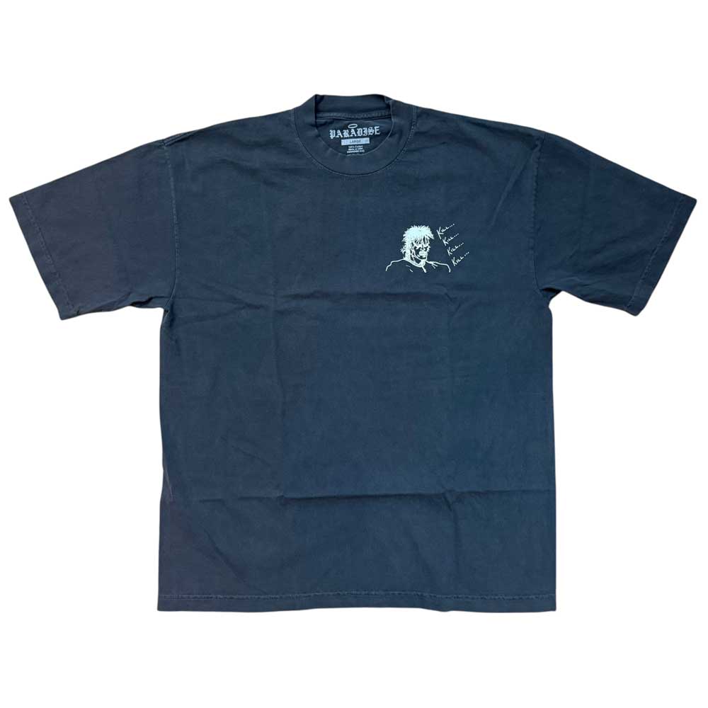 The Kill Kill Kill Vintage Black Tee Paradise is a black short-sleeve garment-dyed t-shirt with a small white line drawing of a person and stylized marks on the left chest, shown laid flat on a white background.