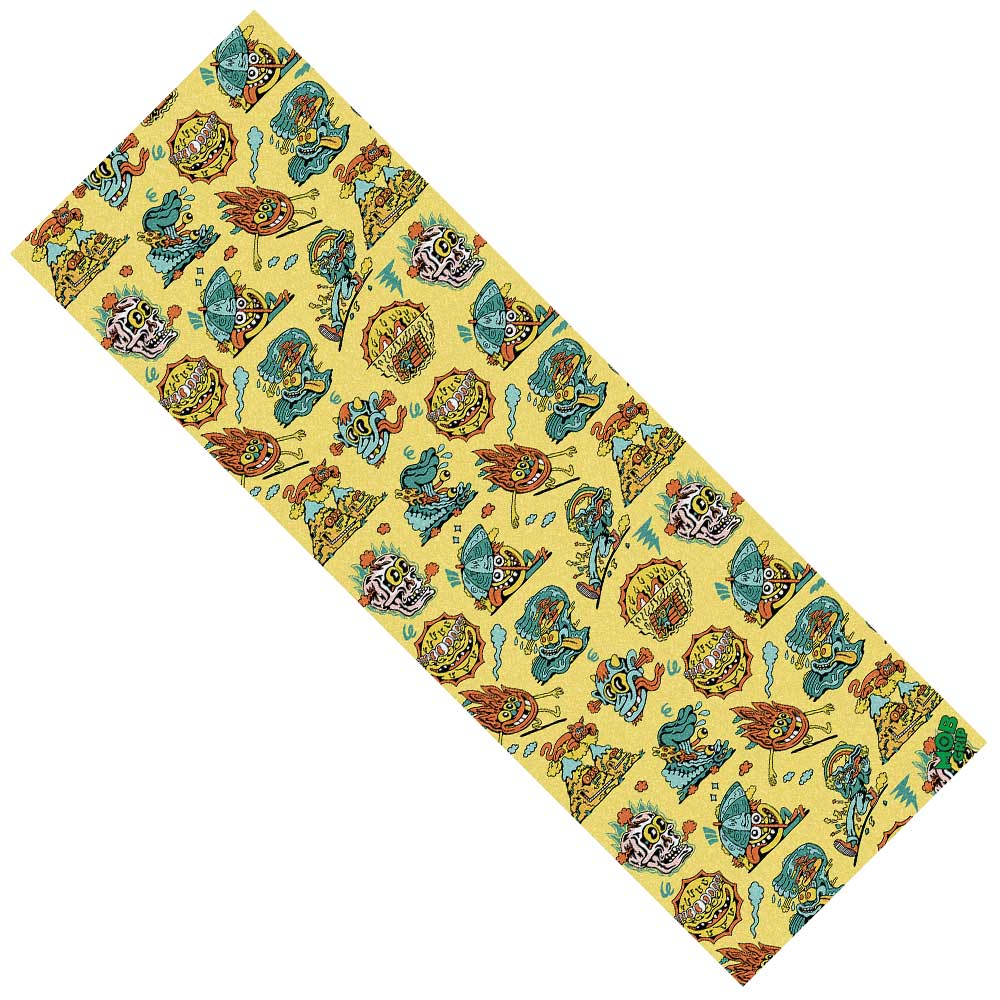 A rectangular yellow grip tape mat, 11" x 33", with a diagonal Killer Acid Doodles of Summer pattern featuring colorful cartoon turtles, leaves, and circles. From Graphic Mob.