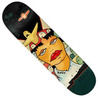 The Knox 3 Star 8.25x31.9 Krooked Skateboard Deck features colorful abstract art with a central figure—red lips, bold eyes, short black hair—surrounded by bird-like shapes and “KNOX 3 Star” on the collar over a black and beige background.