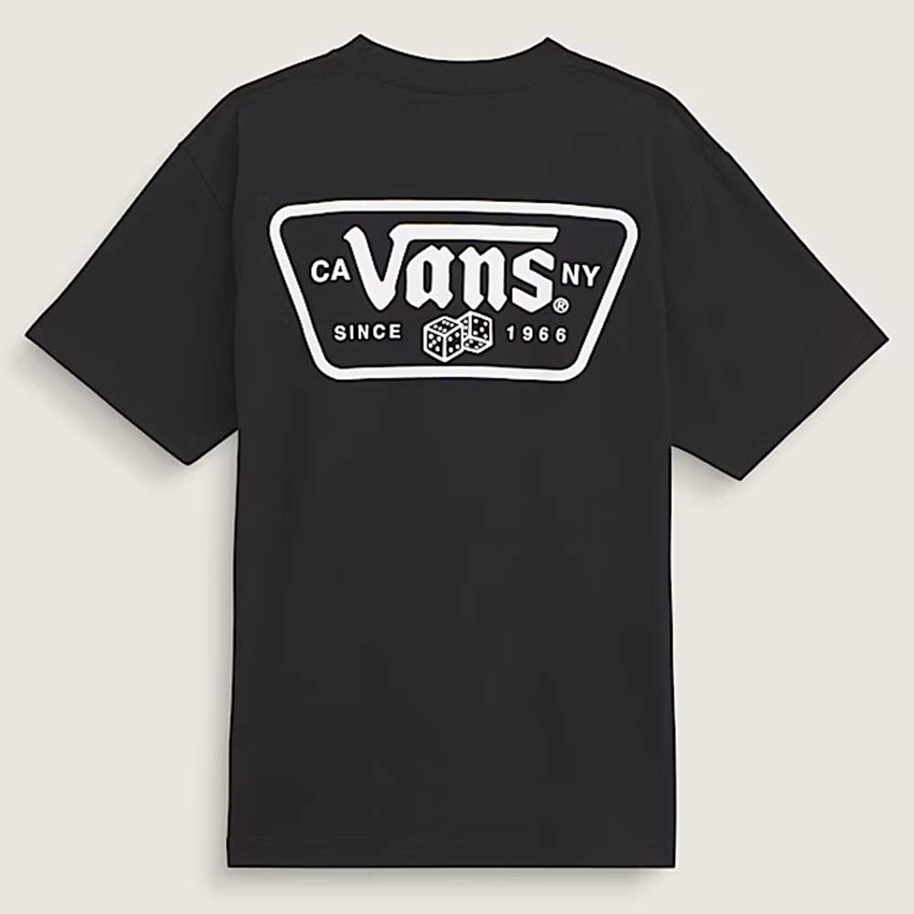 The Knu Patch VN000WU8BLK1 Black Short Sleeve Tee from Vans Skateboarding is a loose-fit, 100% cotton t-shirt with a bold back graphic: large white Vans logo, "CA Vans NY Since 1966" text, and two dice in a geometric patch.