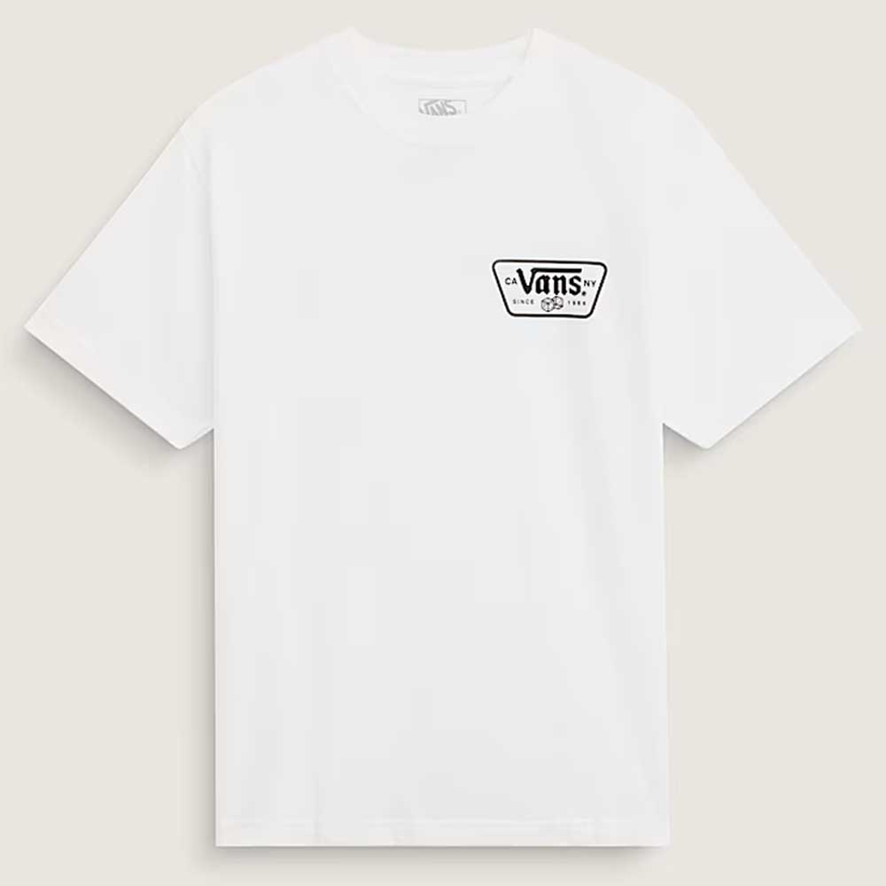 Knu Patch VN000WU8WHT1 White Short Sleeve Tee by Vans Skateboarding, featuring a small black Vans Off the Wall logo on the left chest, crafted from 100% cotton and shown on a plain light background.