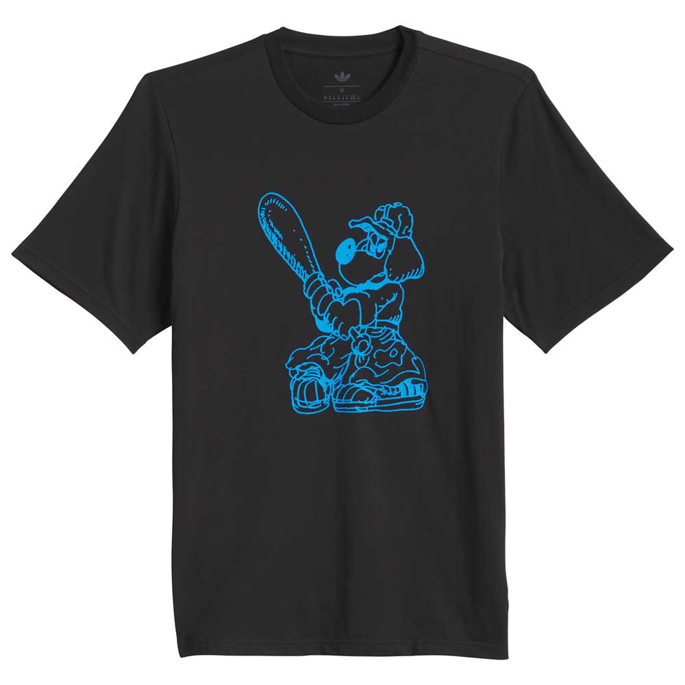 The Kogan Dog Tee Black Blue KC6304 by Adidas Skateboarding features a black tee with a blue cartoon dog in tennis gear, blending sporty and skate style for fans of playful, street-inspired looks.