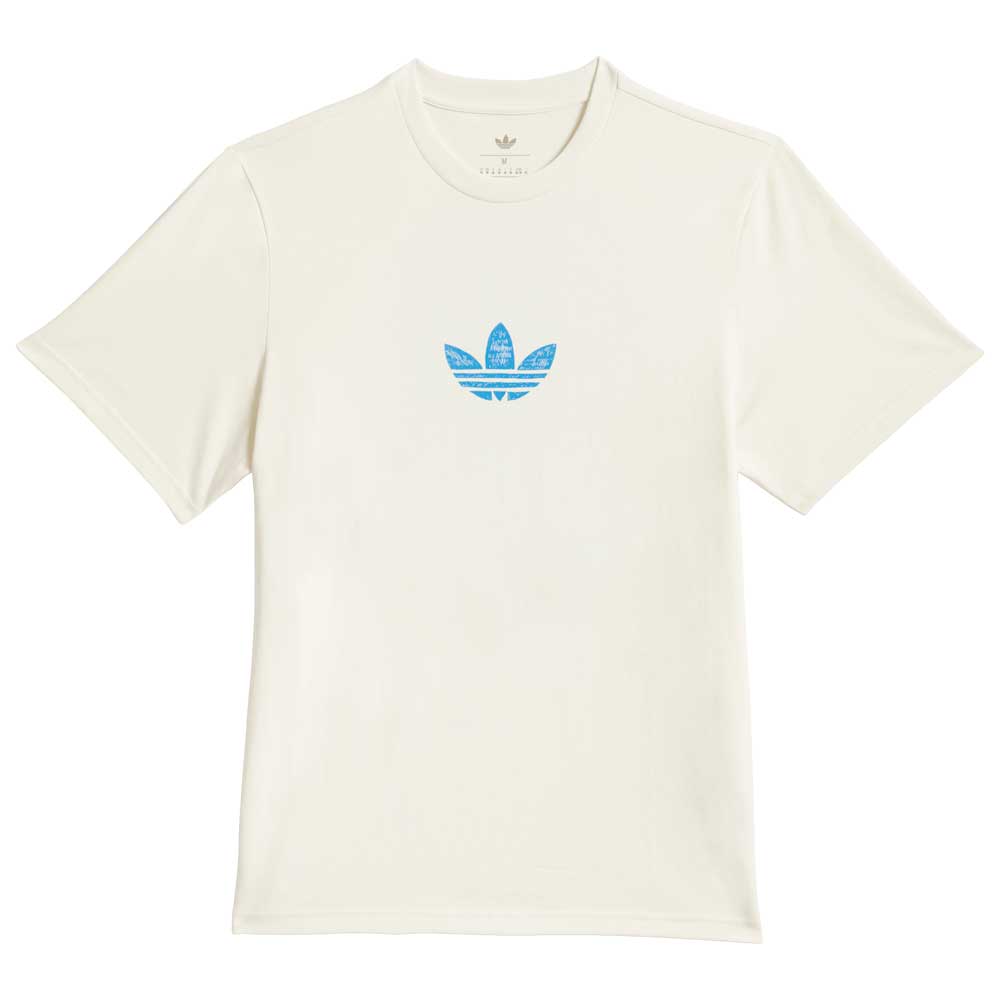 The Kogan Dragon Tee Cream Blue KC6305 by Adidas Skateboarding is an off-white short-sleeve shirt with a small blue Trefoil logo centered on the chest, displayed flat on a white background for classic skate style.