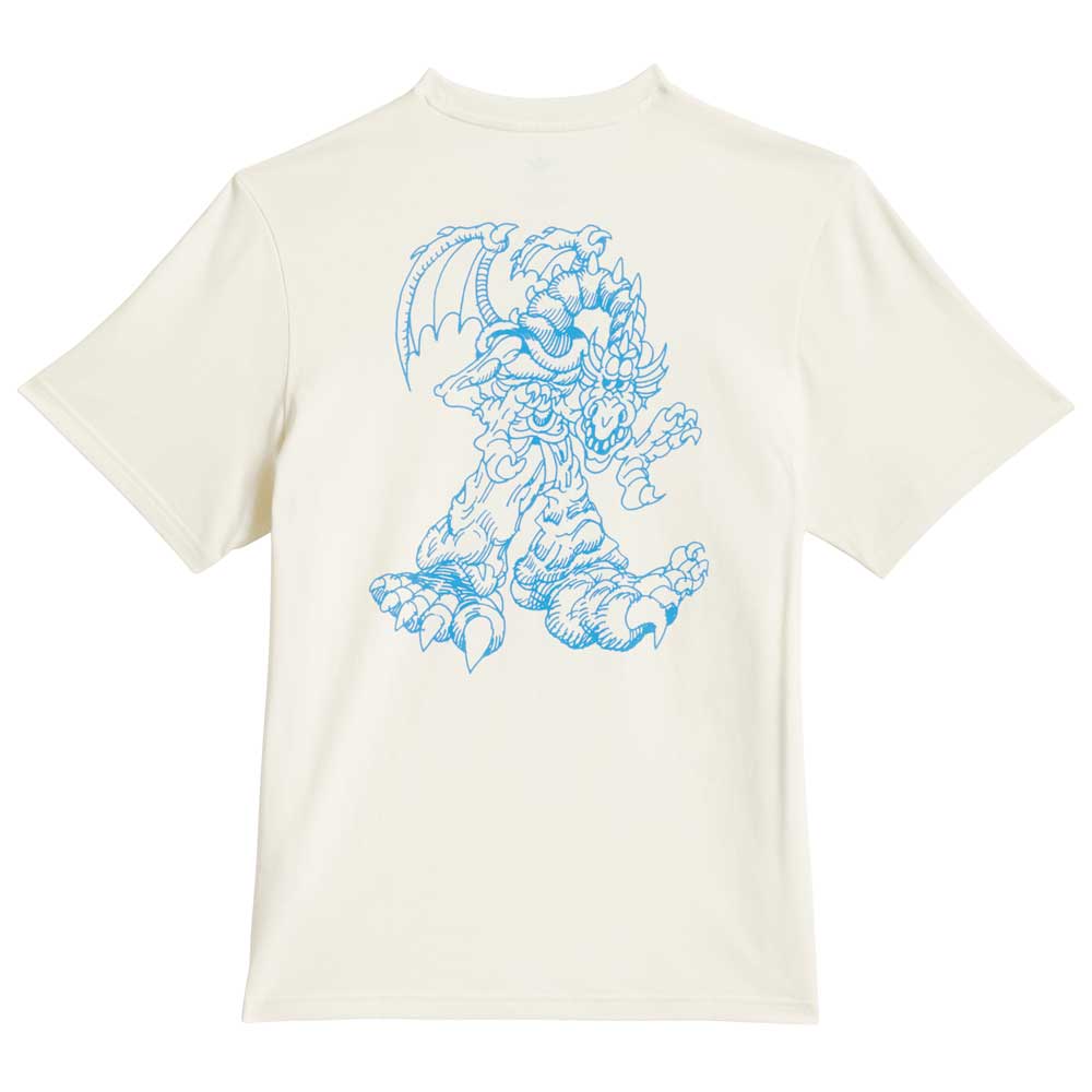 The Kogan Dragon Tee Cream Blue KC6305 by Adidas Skateboarding is a cream-colored short-sleeve shirt featuring a bold blue line dragon graphic on the front—ideal for infusing skate style into your outfit.