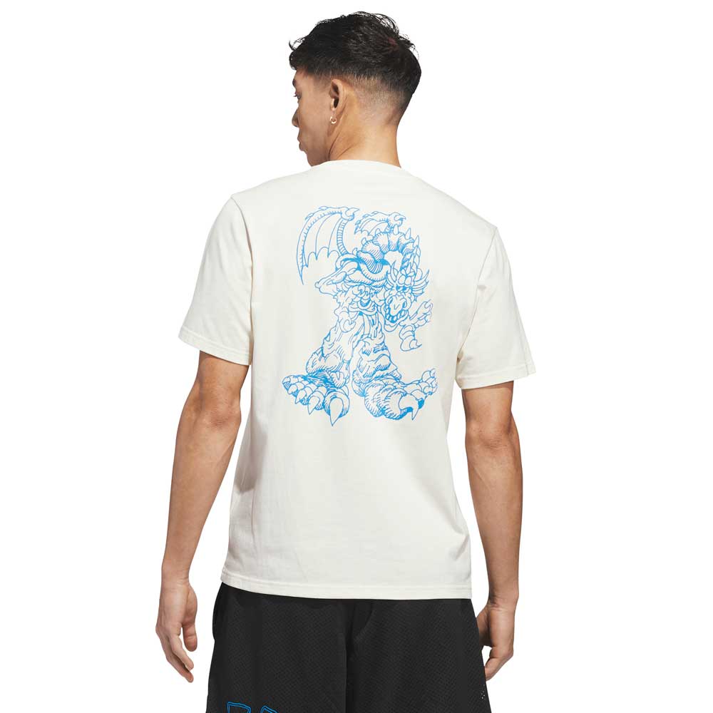 A man in a Kogan Dragon Tee Cream Blue KC6305 by Adidas Skateboarding, featuring a blue dragon graphic on the back, stands with his back to the camera. He sports short dark hair and black shorts, embodying relaxed skate culture style.