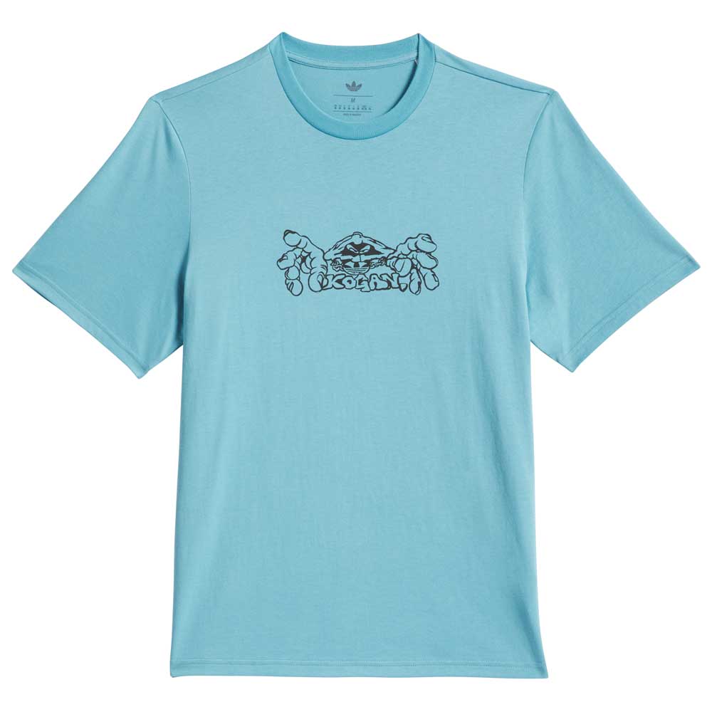 The Kogan Tee Blue Black KC6301 by Adidas Skateboarding is a light blue short-sleeve tee featuring a small black crab graphic and the word "Okanui" on the chest.