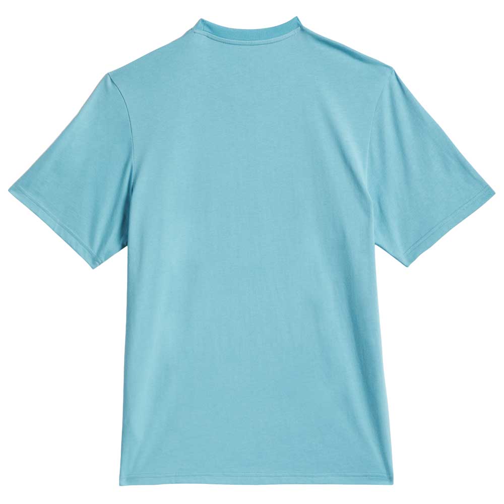 A Kogan Logo Tee Blue Black KC6301 by Adidas Skateboarding is displayed flat with the back side facing up—a comfortable, light blue t-shirt ideal for action sports.