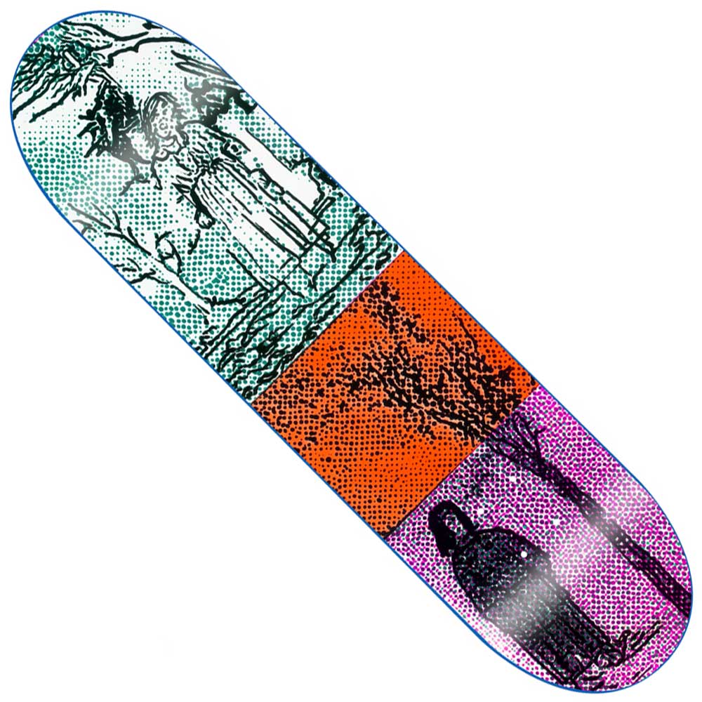 Introducing the Krull Sabbath 8x31.6 GX1000 Deck Skateboard, featuring a striking three-panel design: a green section with a figure in a dress, an orange panel showcasing a tree, and a purple area depicting a hooded character—all crafted in dotted, comic-style artwork. Made from 100% wood and proudly produced in Mexico, this deck is ideal for both skaters and collectors.