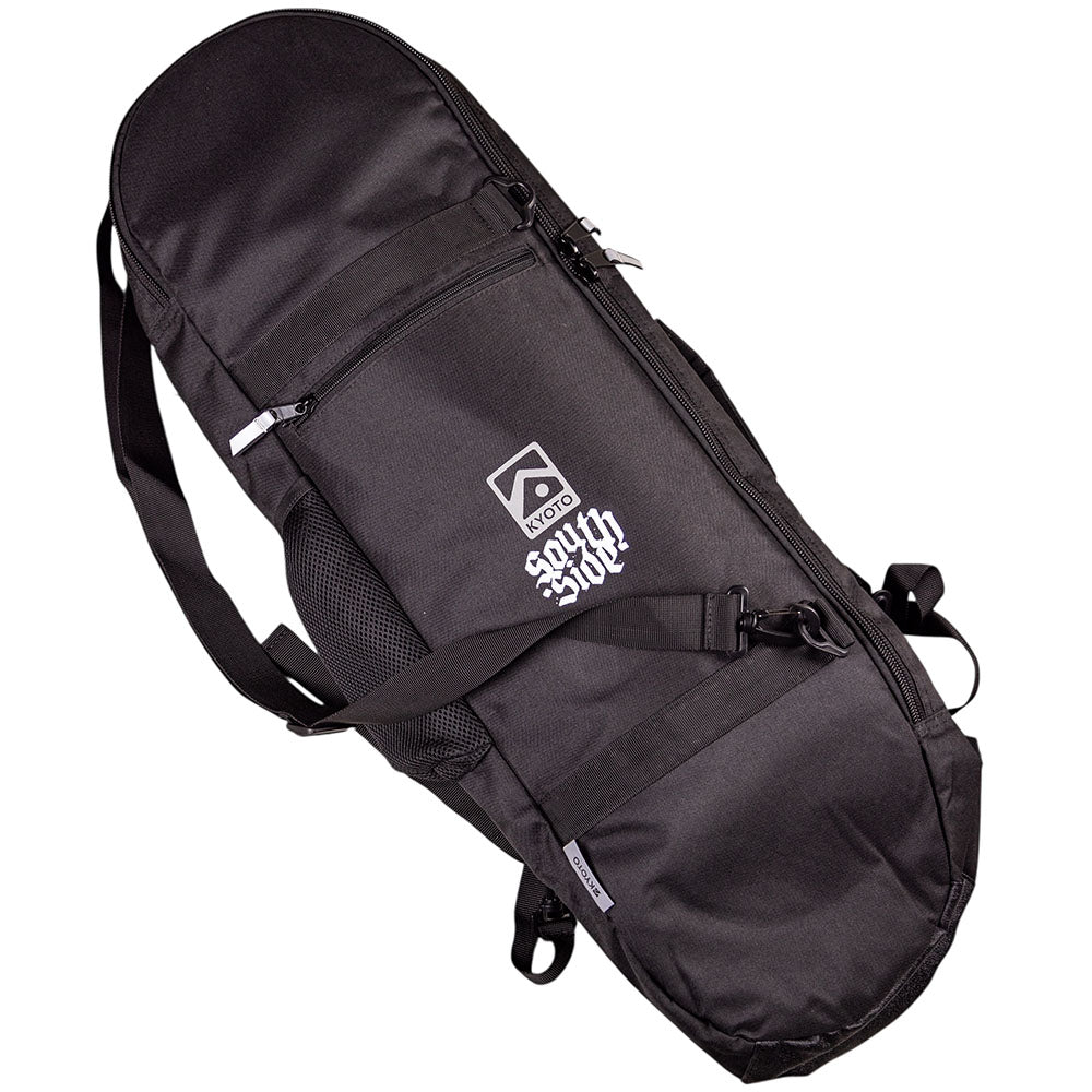 The Southside x Kyoto Board Bag Gray Ripstop Skateshop Day is a gray, padded board bag with multiple zippered compartments, a two-way zipper, an adjustable shoulder strap, and the logo printed on the front.