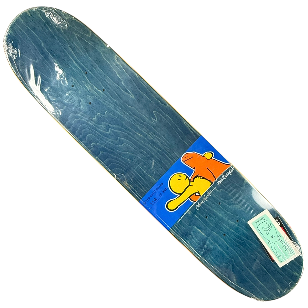 The Lance Mountain Number 119 of 350 Guest Krooked Deck (7.9x31.1) features a blue design with yellow and orange cartoon characters hugging and sticker graphics—an exclusive collectible for skateboard enthusiasts.