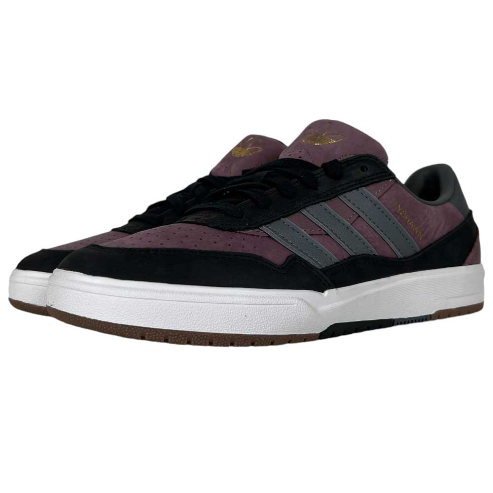A pair of Lavandar Gray Black Tyshawn 2 II Adidas Skateboarding leather suede shoes with mauve and black uppers, grey stripes, white midsoles, and brown outsoles displayed on a plain white background.