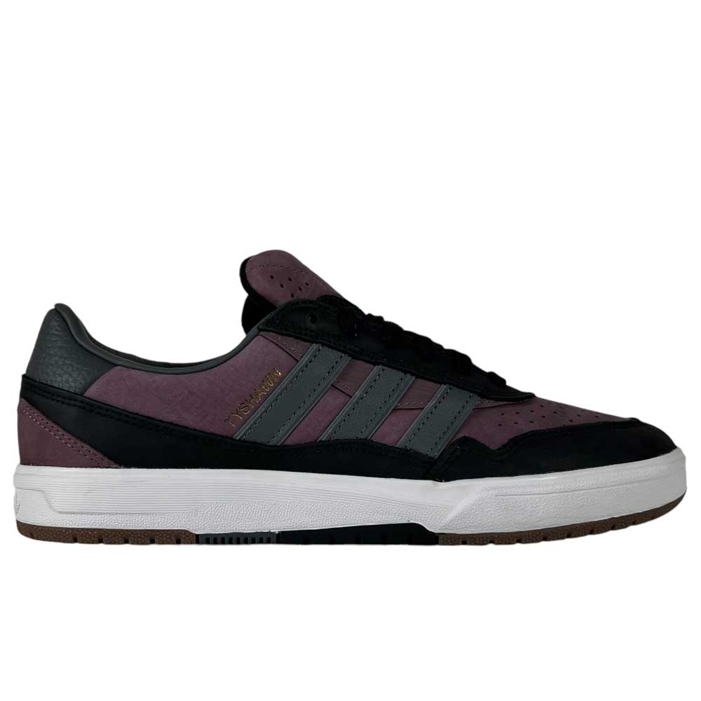A side view of the Lavandar Gray Black Tyshawn 2 II Adidas Skateboarding Leather Suede Shoes with a maroon upper, black accents, gray stripes, white sole, perforated toe, black tongue, and "TONY HAWK" in gold on the side.