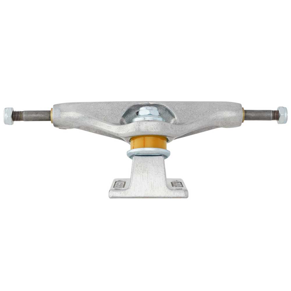 The Legacy OGBC INDY 139 Polished Silver Standard Stage 11 Trucks (set of TWO) are shown from the front against a white background, featuring a metal axle, hanger, kingpin, orange bushing, and mounting plate. Renowned for their strength and reliability, these durable skateboard trucks deliver solid performance for riders of all levels.