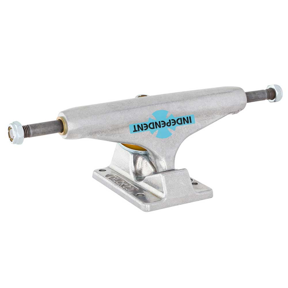 A set of two Legacy OGBC INDY 139 Polished Silver Standard Stage 11 skateboard trucks, featuring a silver aluminum finish with the INDEPENDENT name and blue cross logo printed on the side, displayed against a white background. Renowned for their reliability, these Independent trucks are engineered for exceptional durability and performance.