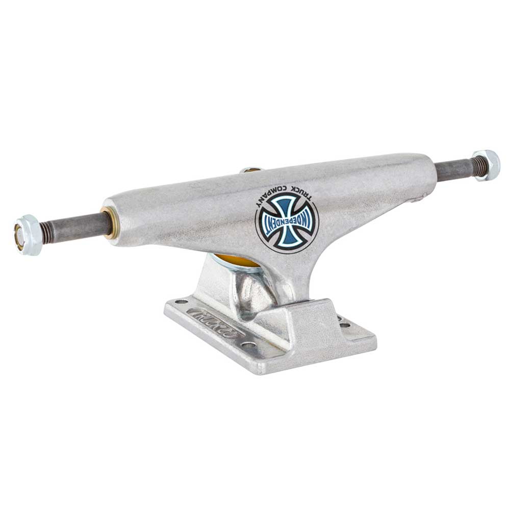 A pair of Legacy Truck Co INDY 139 Polished Silver Standard Stage 11 Trucks, featuring a blue and black Independent logo on the hanger, shown isolated on a white background—ideal for riders seeking durable skateboard trucks.