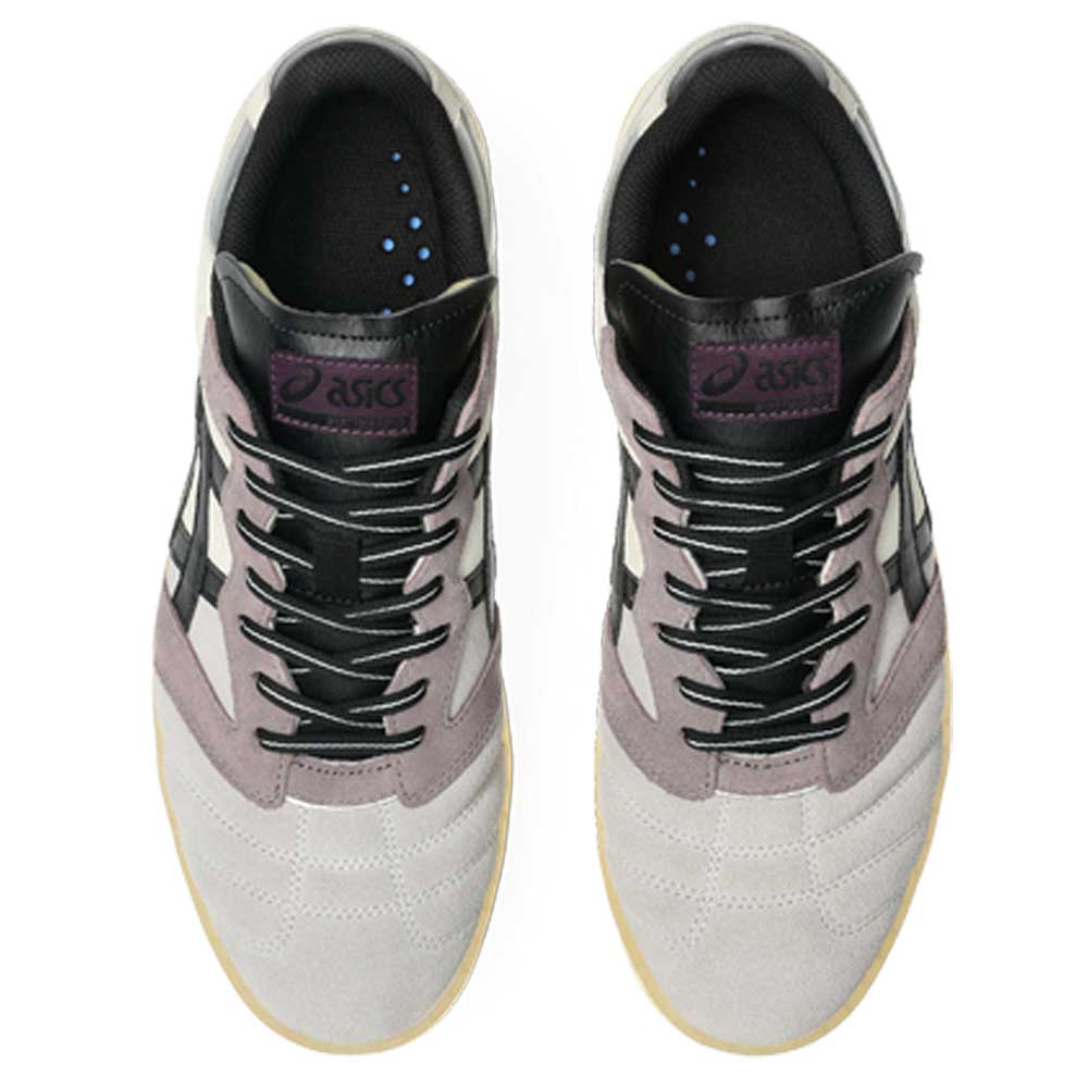 A pair of Leggerezza Asics Oyster Grey Black 1203B087 020 Suede Skateboarding Shoes viewed from above, featuring a light grey suede toe, black laces and stripes, purple ASICS tongue logos, and black insoles with small blue dots near the heels.