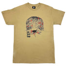 The Life Tree Red Brown Tee Late Nite Stars Screenprinted features a large tree with detailed red branches and roots, a seated figure beneath, and “Life Never Stops” on the left side of the design.