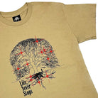 Life Tree Red Brown Tee Late Nite Stars features a black tree with red accents, roots, and branches. "Life never Stops" is screenprinted at the bottom left of the design.