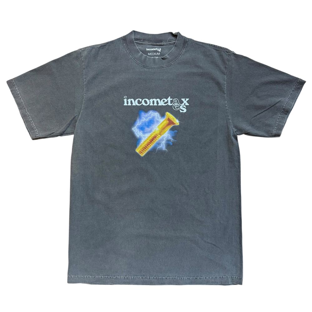 The Lightning Gold Bolt Tee Gray Income Taxes is made from premium USA cotton, featuring "income taxes" above a yellow screw and blue lightning graphic—ideal for a streetwear look or the Houston skateboarding scene.