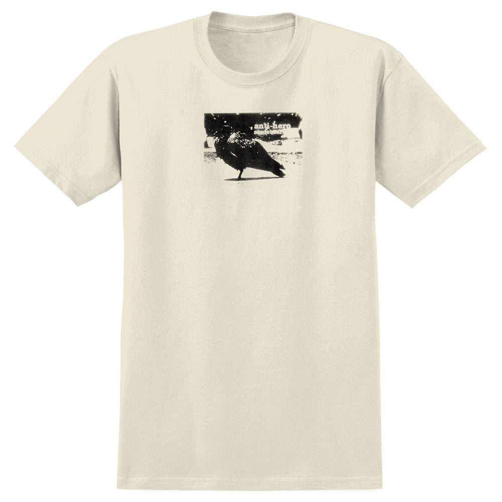 Off-white short-sleeved Lil Greasy Natural Black Tee Anti Hero Skateboards T-Shirt featuring a black Lil Greasy graphic of a bird on the chest.