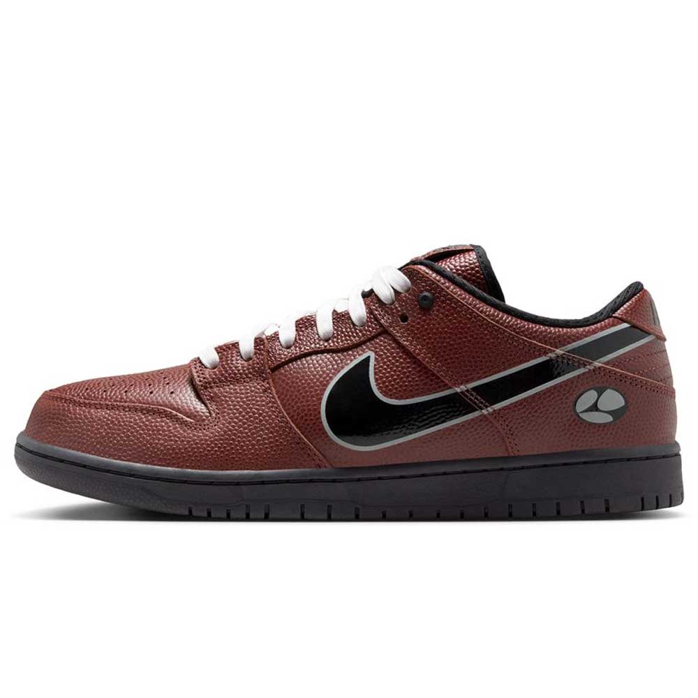 The HJ4131-200 Limosine Dark Pony Black Silver White Nike SB Dunk Low Pro Skateboarding Shoe features a brown upper, white laces, black Swoosh and sole, plus a subtle white and gray logo near the heel.