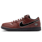 The HJ4131-200 Limosine Dark Pony Black Silver White Nike SB Dunk Low Pro Skateboarding Shoe features a brown upper, white laces, black Swoosh and sole, plus a subtle white and gray logo near the heel.