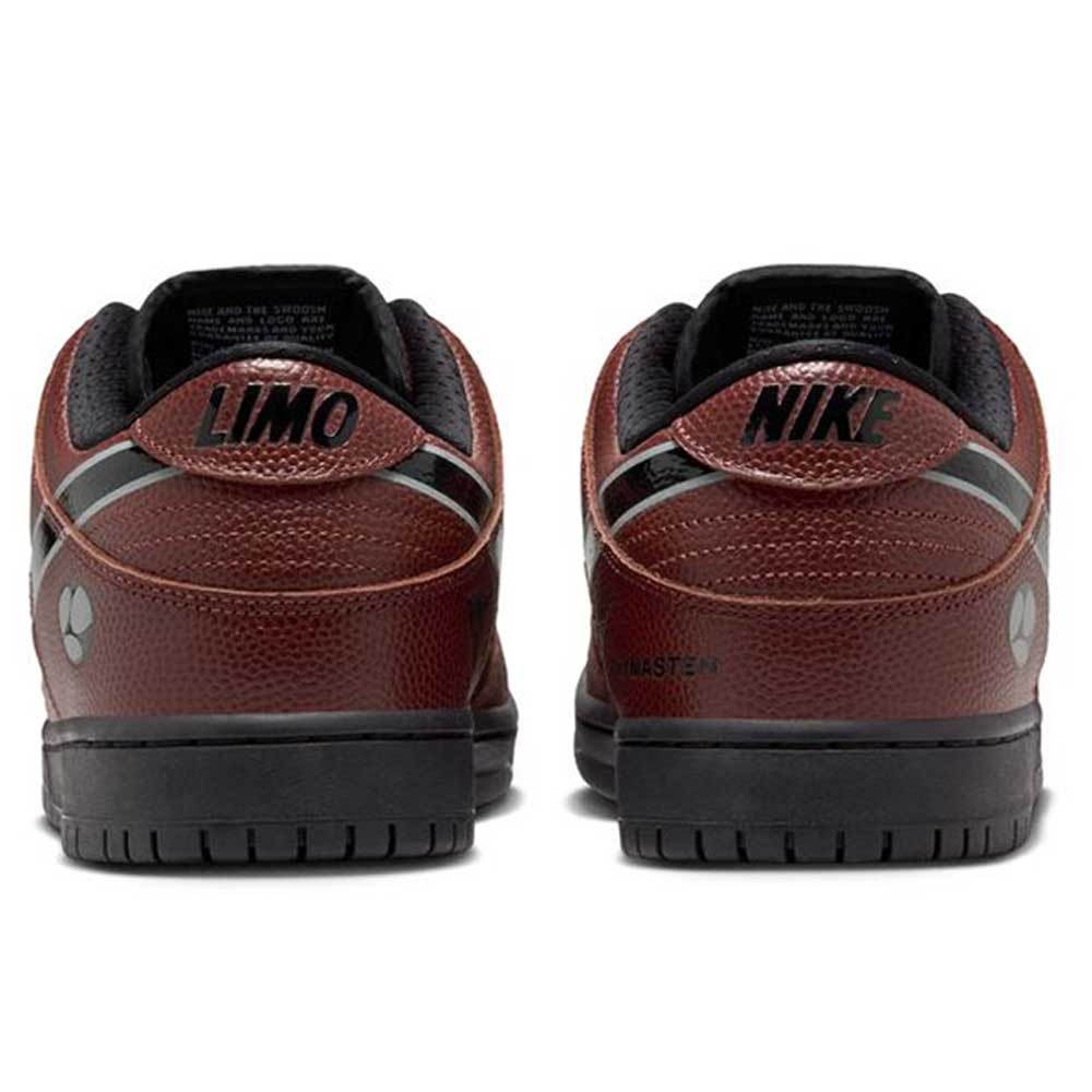 The HJ4131-200 Limosine Dark Pony Black Silver White Nike SB Dunk Low Pro Skateboarding Shoes feature brown tones and black NIKE lettering above the heel, merging classic basketball-inspired style with unique skateboard-ready details.