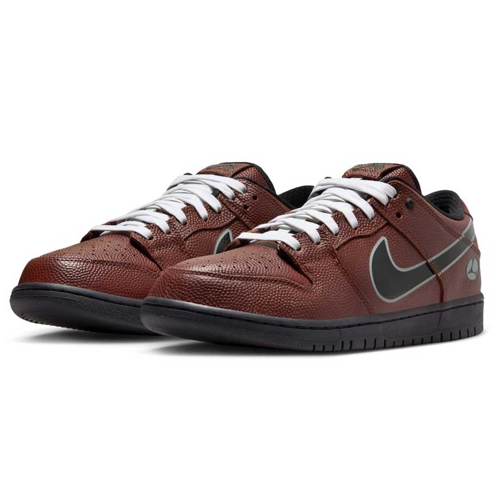 The HJ4131-200 Limosine Dark Pony Black Silver White Nike SB Dunk Low Pro Skateboarding Shoes feature a brown textured upper, white laces, black soles, and a black Nike swoosh, shown from a front angled view for stylish comfort.
