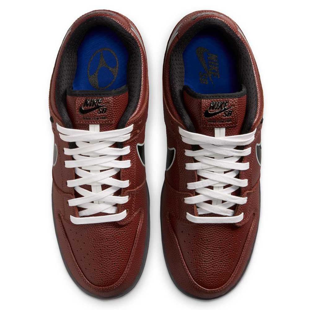 A top view of the HJ4131-200 Limosine Dark Pony Black Silver White Nike SB Dunk Low Pro Skateboarding Shoes shows maroon uppers, white laces, black Swooshes, and blue insoles with a white peace sign on the left and yellow Nike SB branding on the right.