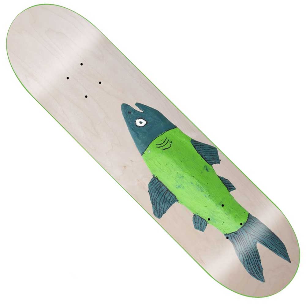 The Little Fish 8.25x32.12 GX1000 Deck Skateboard is made in Mexico from 100% wood, featuring a simple green and blue fish illustration on a light wood background.