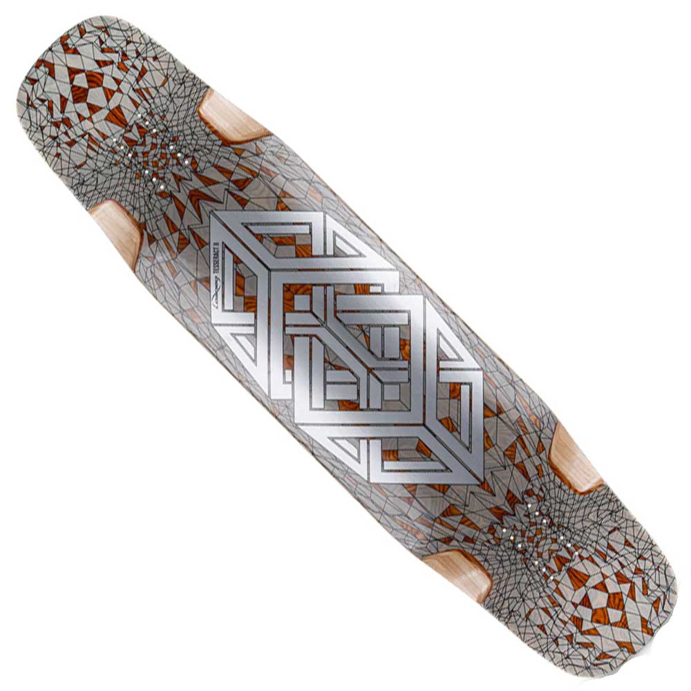 The Loaded Deck Chromo Tesseract II 39X9.6 Longboard features a micro-drop deck with gray, silver, and brown geometric patterns, highlighted by a large central cube design and symmetrical web-like motifs at each end.
